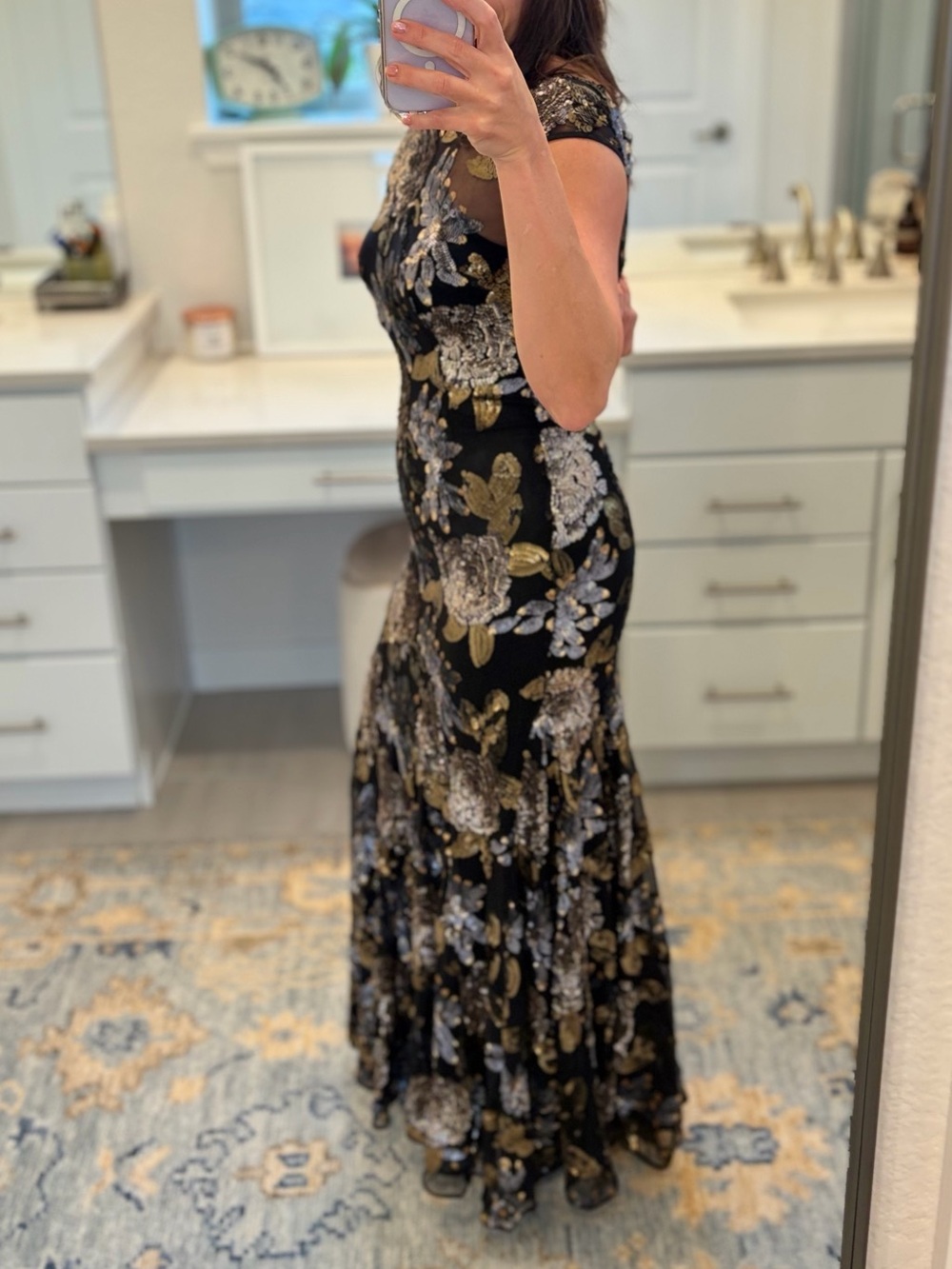 Boden Black Formal Gown with Gold & Silver Floral Sequin Detail
